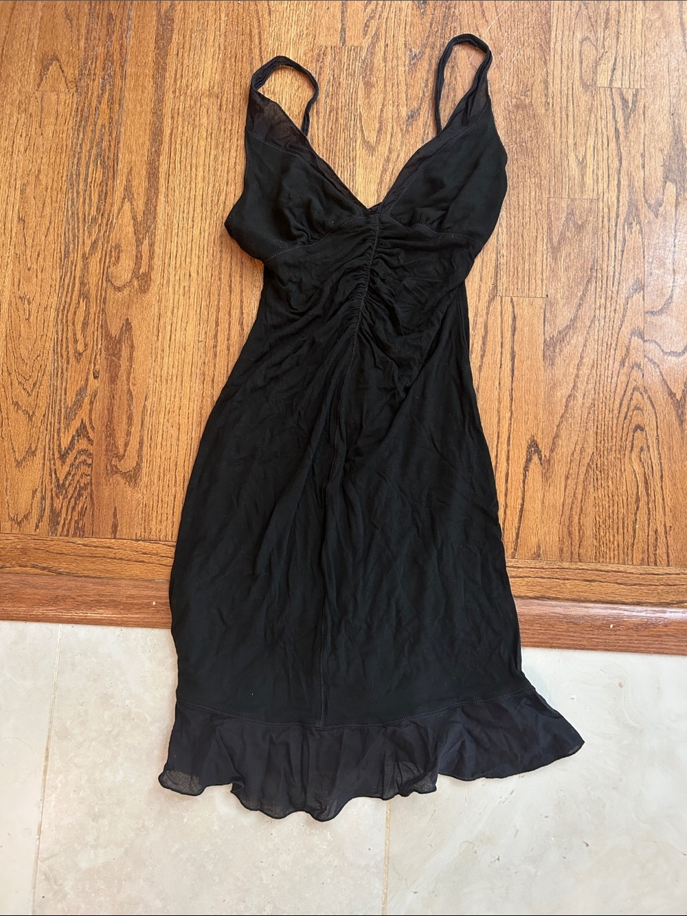 BCBGMaxAzria Black V-Neck Ruffle-Hem Slip Dress with Ruched Bodice